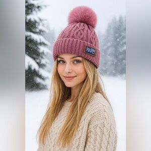 Pink Knit Beanie with Pom Pom and HAPPY Patch – Cozy Winter Hat for Women mt39